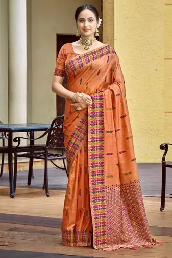 orange smart and elegant assam silk blend ethnic woven designer saree