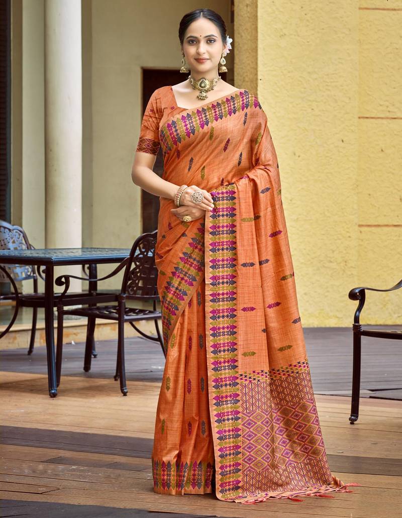 orange smart and elegant assam silk blend ethnic woven designer saree