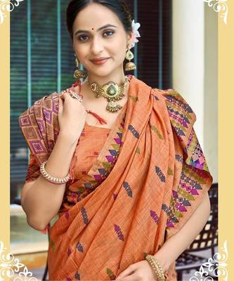 orange smart and elegant assam silk blend ethnic woven designer saree 2