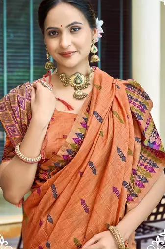 orange smart and elegant assam silk blend ethnic woven designer saree