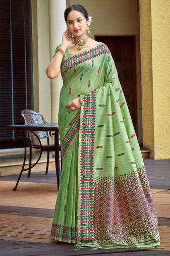 green smart and elegant assam silk blend ethnic woven designer saree