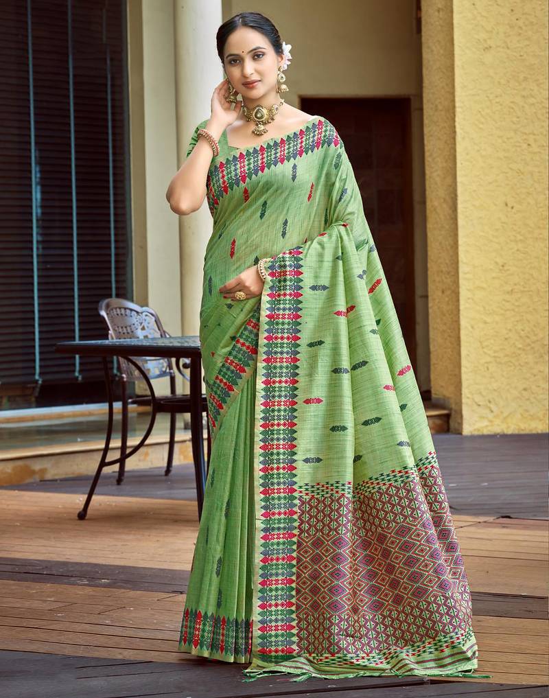 green smart and elegant assam silk blend ethnic woven designer saree