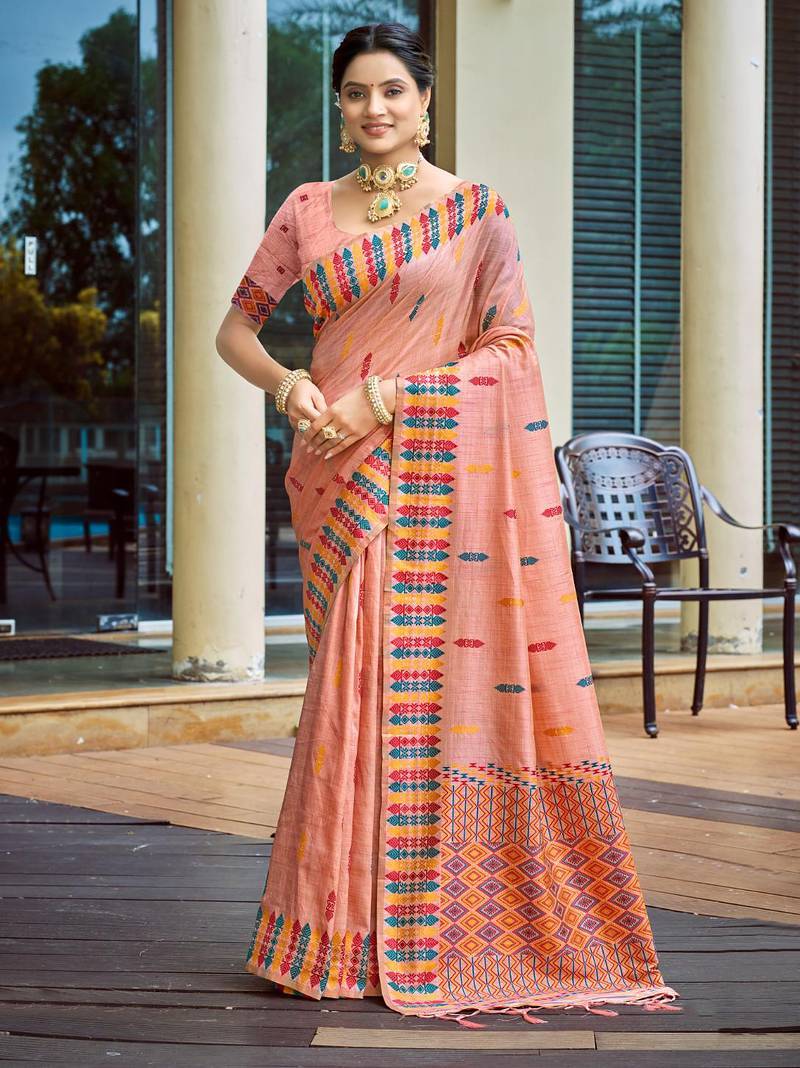 pink smart and elegant assam silk blend ethnic woven designer saree