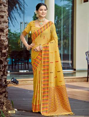 mustard smart and elegant assam silk blend ethnic woven designer saree 1