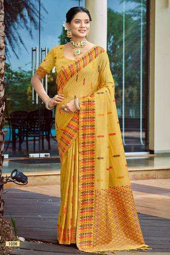 mustard smart and elegant assam silk blend ethnic woven designer saree