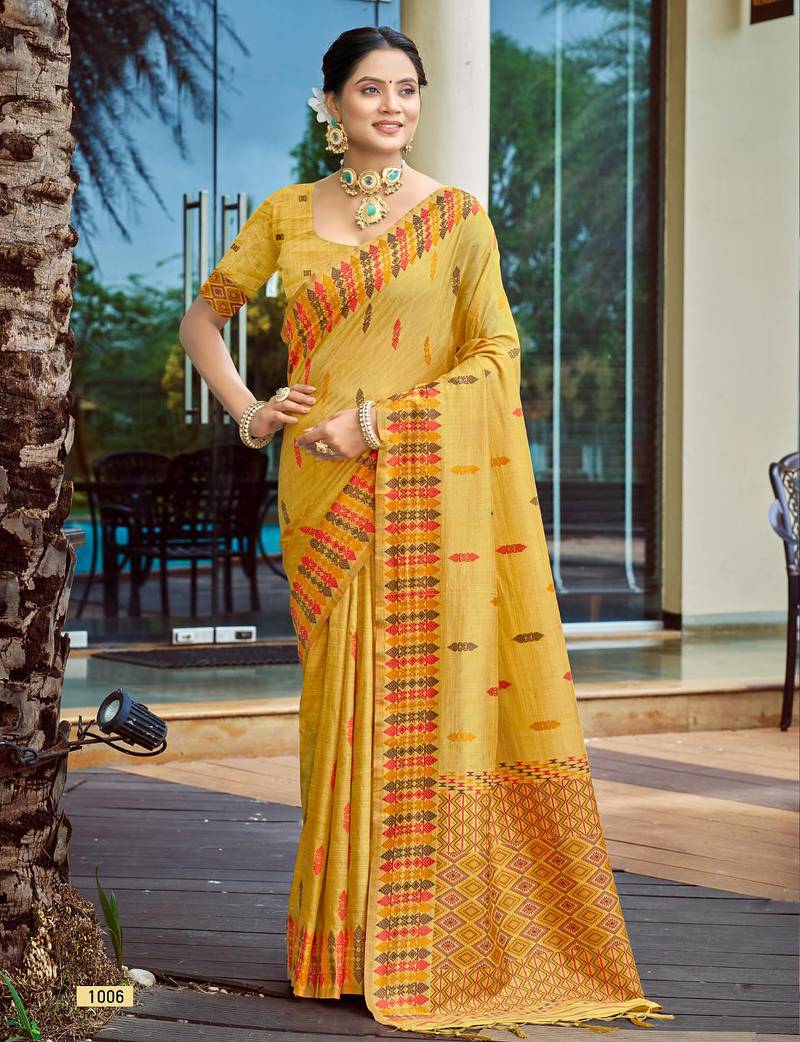 mustard smart and elegant assam silk blend ethnic woven designer saree
