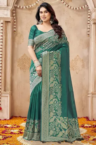 green smart graceful handloom silk blend fanric woven designer saree