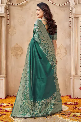 green smart graceful handloom silk blend fanric woven designer saree
