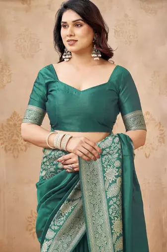 green smart graceful handloom silk blend fanric woven designer saree