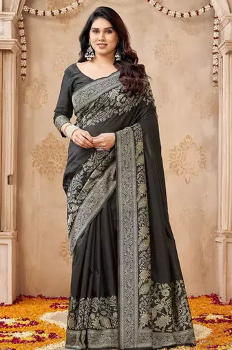 black smart graceful handloom silk blend fanric woven designer saree