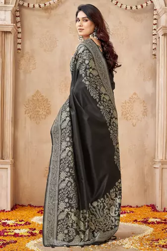 black smart graceful handloom silk blend fanric woven designer saree