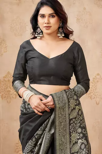black smart graceful handloom silk blend fanric woven designer saree