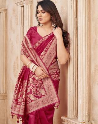 maroon smart graceful handloom silk blend fanric woven designer saree 3
