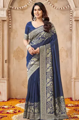 blue smart graceful handloom silk blend fanric woven designer saree