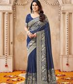 blue smart graceful handloom silk blend fanric woven designer saree