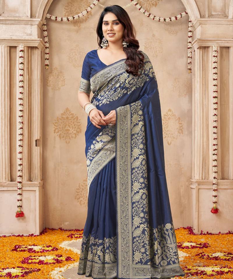 blue smart graceful handloom silk blend fanric woven designer saree