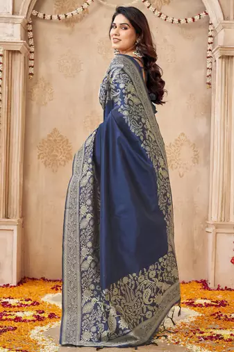 blue smart graceful handloom silk blend fanric woven designer saree