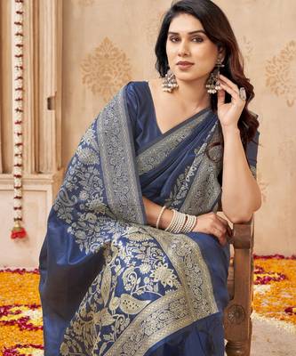 blue smart graceful handloom silk blend fanric woven designer saree 3