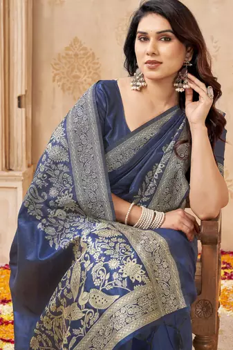 blue smart graceful handloom silk blend fanric woven designer saree