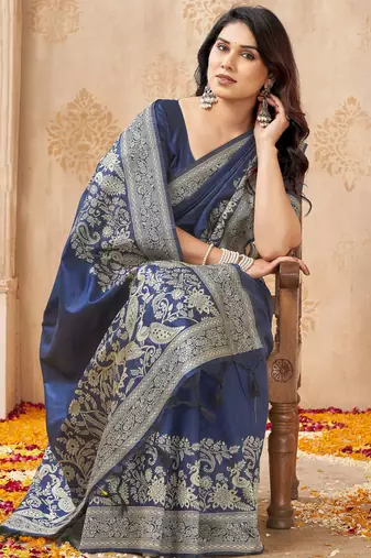 blue smart graceful handloom silk blend fanric woven designer saree