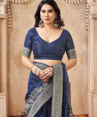 blue smart graceful handloom silk blend fanric woven designer saree 5