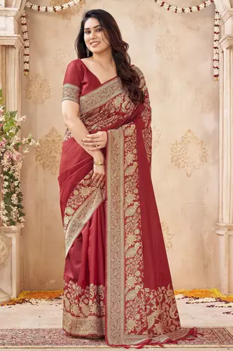 burgundy smart graceful handloom silk blend fanric woven designer saree