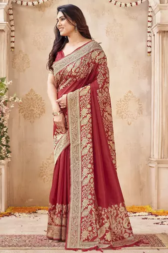 burgundy smart graceful handloom silk blend fanric woven designer saree