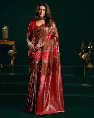 brown girlie soft silk blend fabric woven jari designer saree 1