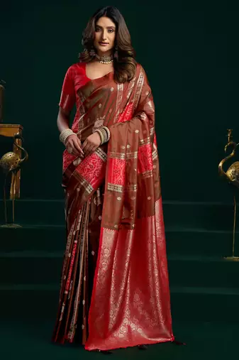 brown girlie soft silk blend fabric woven jari designer saree