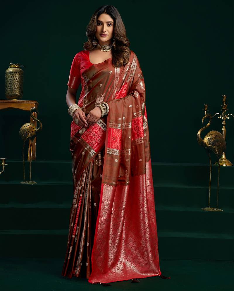 brown girlie soft silk blend fabric woven jari designer saree