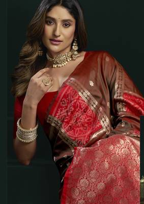 brown girlie soft silk blend fabric woven jari designer saree 2