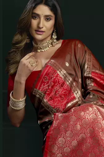 brown girlie soft silk blend fabric woven jari designer saree