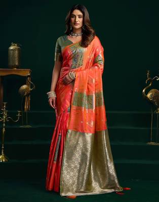 orange girlie soft silk blend fabric woven jari designer saree 1
