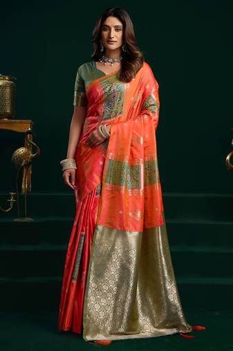 orange girlie soft silk blend fabric woven jari designer saree