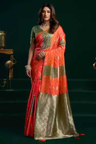 orange girlie soft silk blend fabric woven jari designer saree