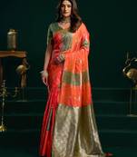 orange girlie soft silk blend fabric woven jari designer saree