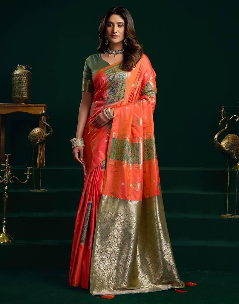 orange girlie soft silk blend fabric woven jari designer saree