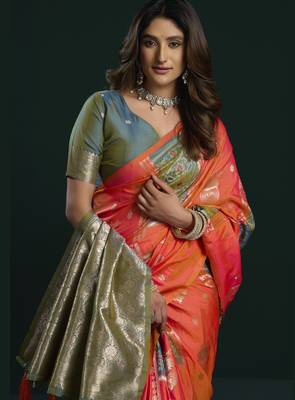 orange girlie soft silk blend fabric woven jari designer saree 2