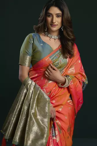 orange girlie soft silk blend fabric woven jari designer saree