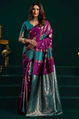 purple girlie soft silk blend fabric woven jari designer saree