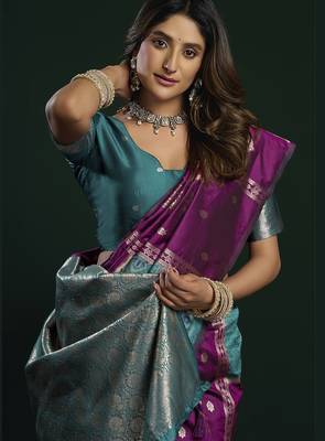 purple girlie soft silk blend fabric woven jari designer saree 2
