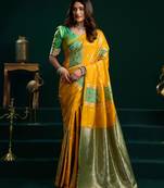yellow girlie soft silk blend fabric woven jari designer saree