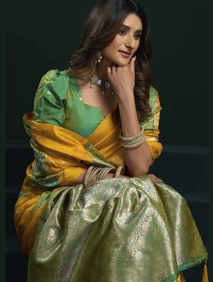 yellow girlie soft silk blend fabric woven jari designer saree 2