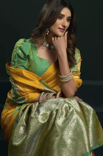 yellow girlie soft silk blend fabric woven jari designer saree
