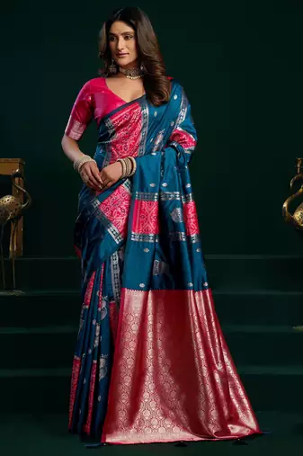 blue girlie soft silk blend fabric woven jari designer saree