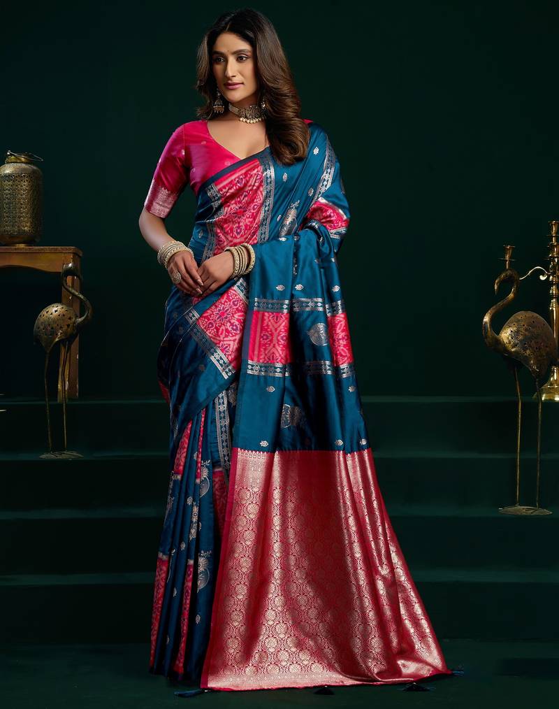 blue girlie soft silk blend fabric woven jari designer saree