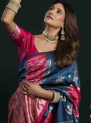 blue girlie soft silk blend fabric woven jari designer saree 2
