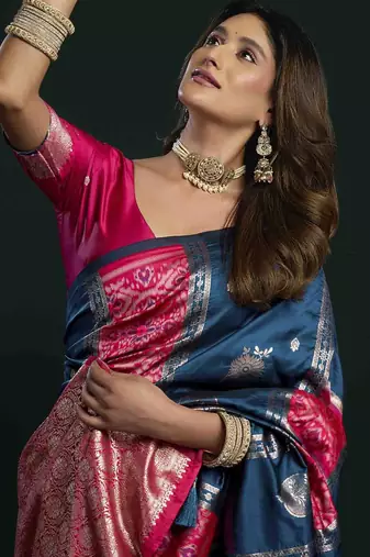 blue girlie soft silk blend fabric woven jari designer saree