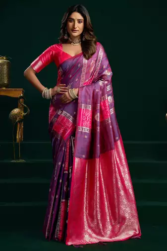 Lavender color girlie soft silk fabric woven jari designer saree