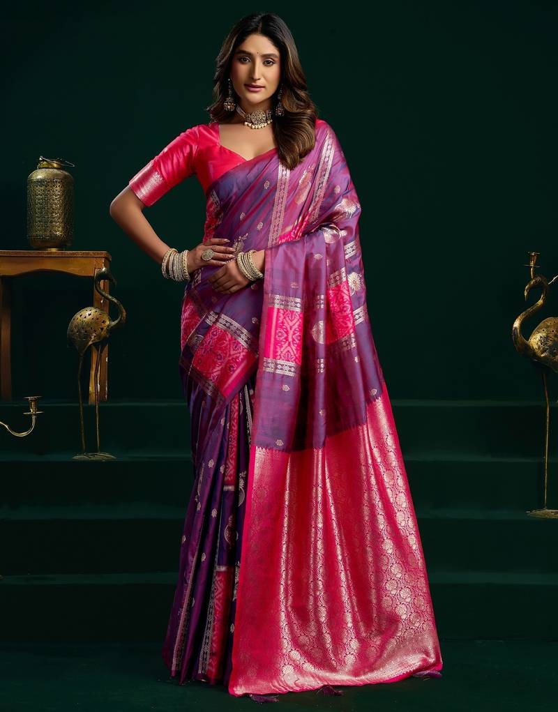 Lavender color girlie soft silk fabric woven jari designer saree